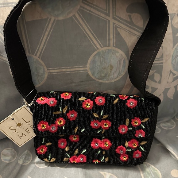 Handbags - Black Floral Beaded Shoulder Bag by SOL and Mer